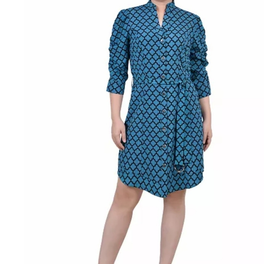 NY Collection 3/4 Rouched Sleeve Dress & Belt HARBOR BLUE BLACK QUATREFOIL